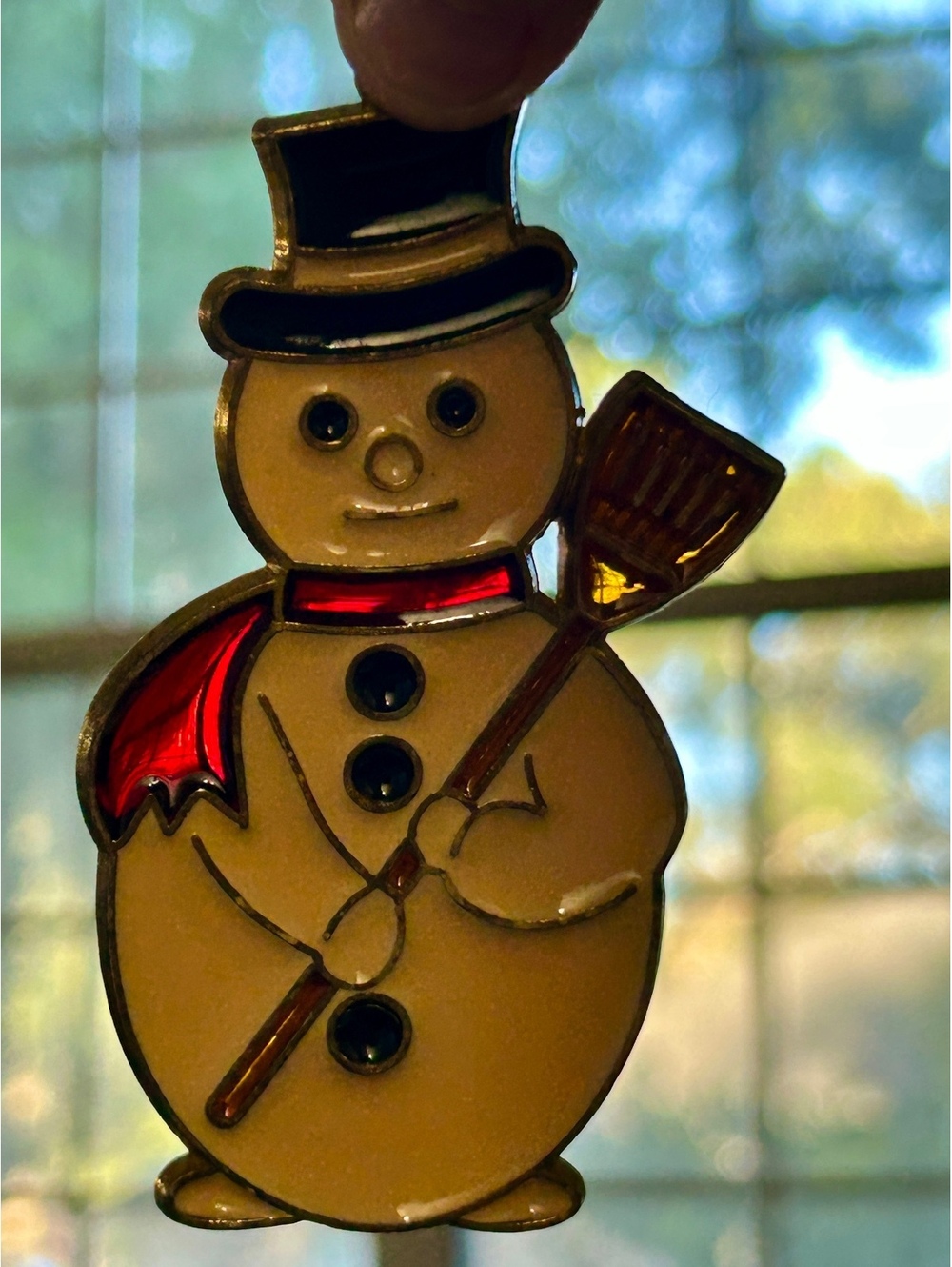 Vintage-Style Stained Glass Snowman Hanging Ornament with Broom